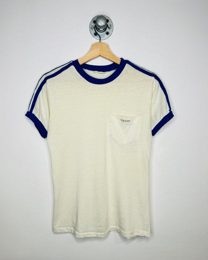 Vintage 80s Topher TwoTone White Ringer Pocket Tee Shirt