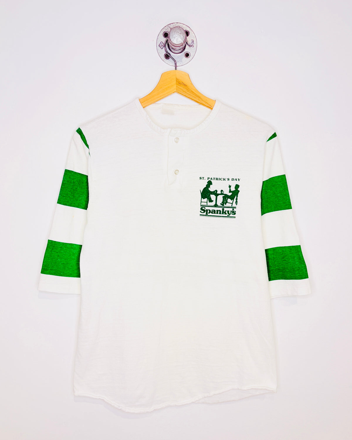 Vintage 1986 Spanky’s Quarter Sleeve White And Green Henley Shirt