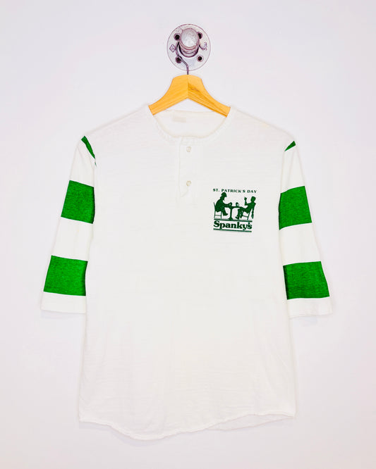 Vintage 1986 Spanky’s Quarter Sleeve White And Green Henley Shirt