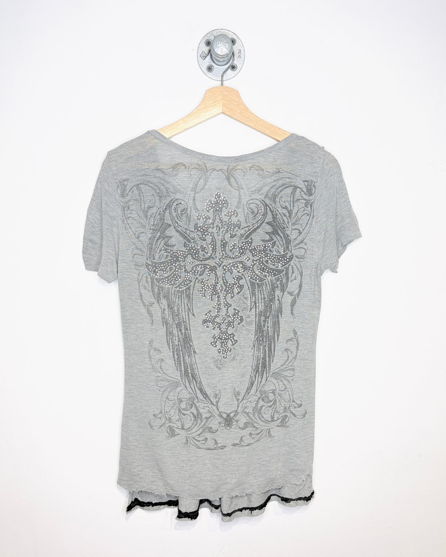 Y2K Women’s Affliction Style Grey V-Neck Shirt