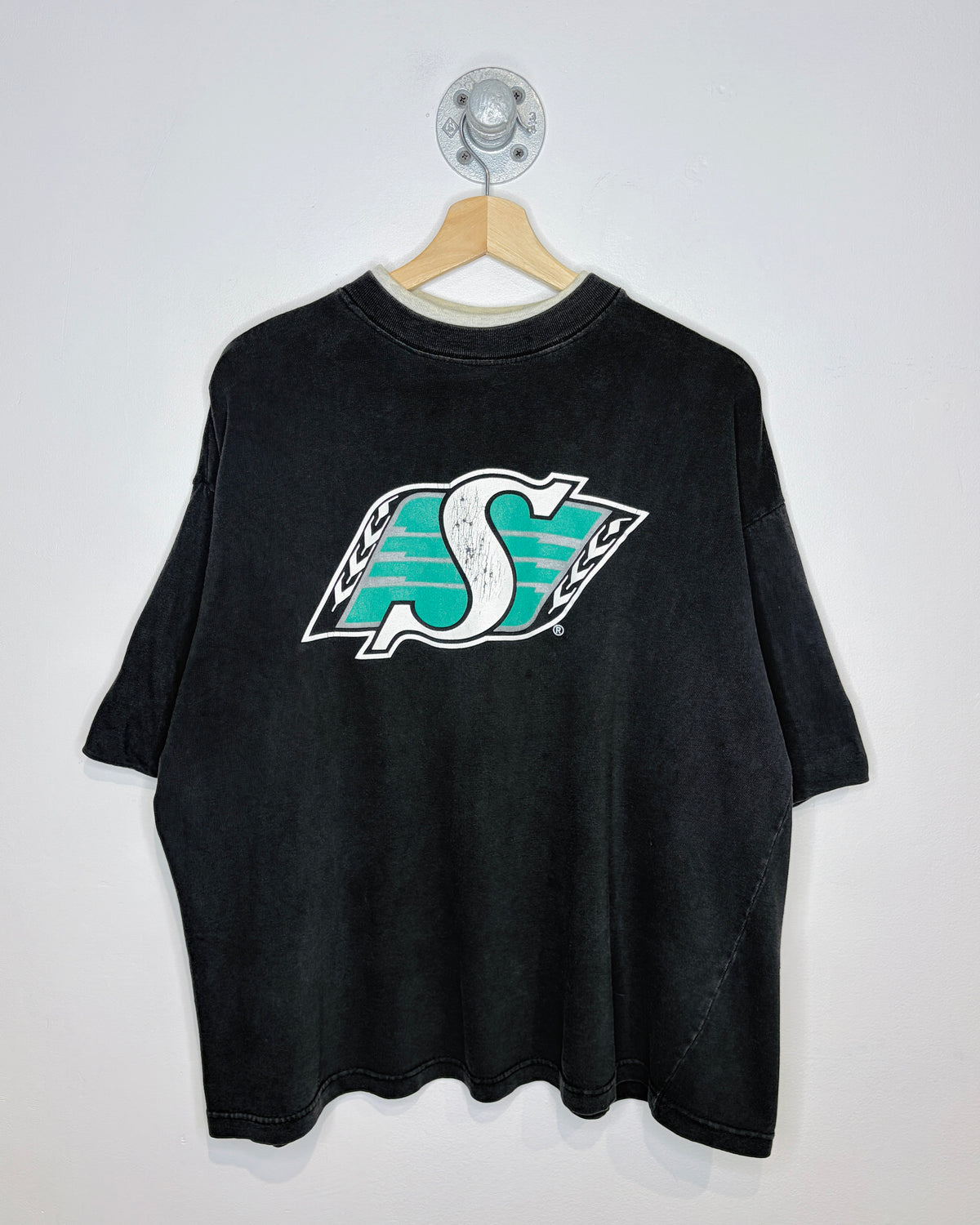 Vintage 90s Saskatchewan Roughriders TwoTone Faded Black Tee Shirt