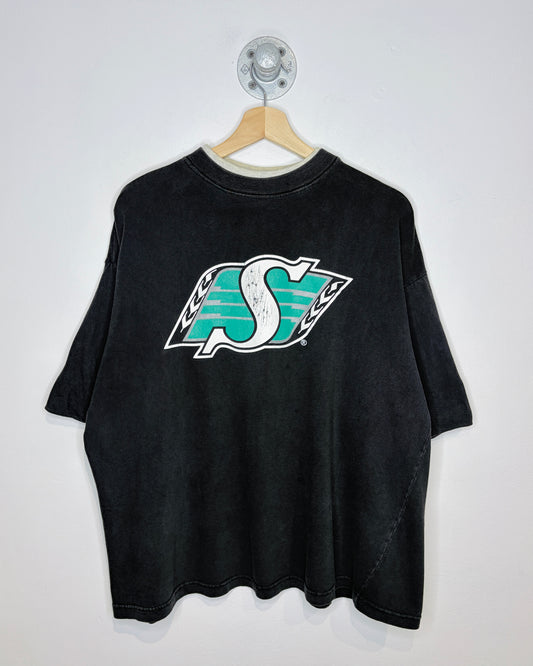 Vintage 90s Saskatchewan Roughriders TwoTone Faded Black Tee Shirt