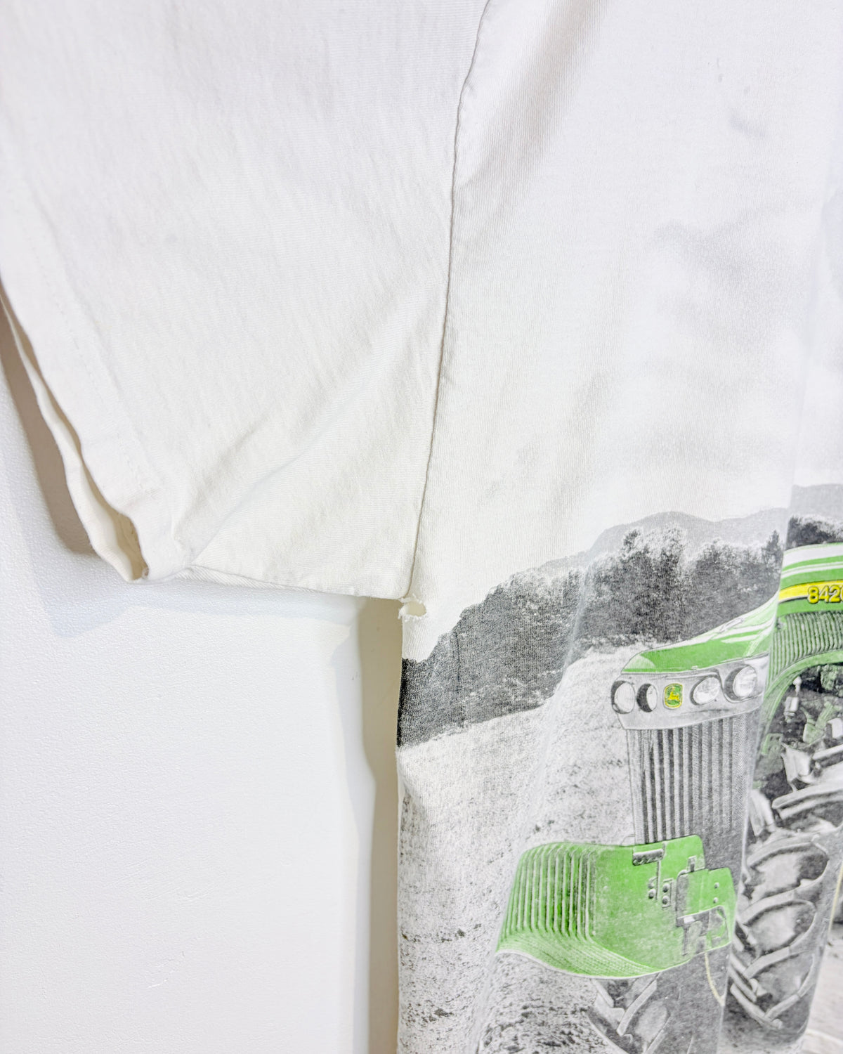 Vintage 2000s John Deere All-Over-Print Tractor White Tee Shirt