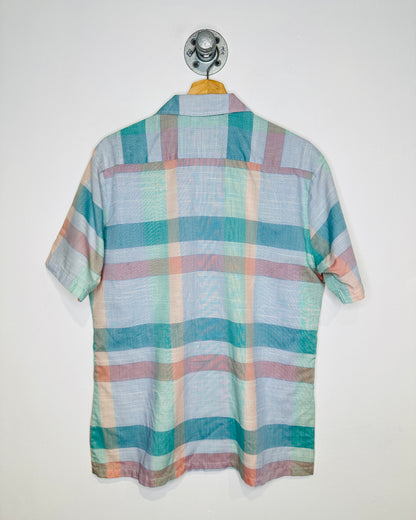Vintage 1980s Spire Green And Pink Tab Collar Short Sleeve Button Up Shirt