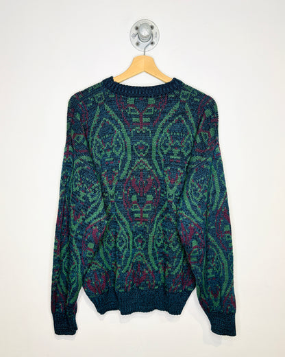 Vintage 1990s Union Pier Green And Burgundy Patterned Acrylic Sweater