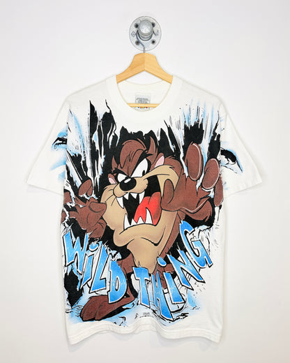 Vintage 1996 Looney Tunes Taz Wild Thing Freeze New York AOP White Tee Shirt