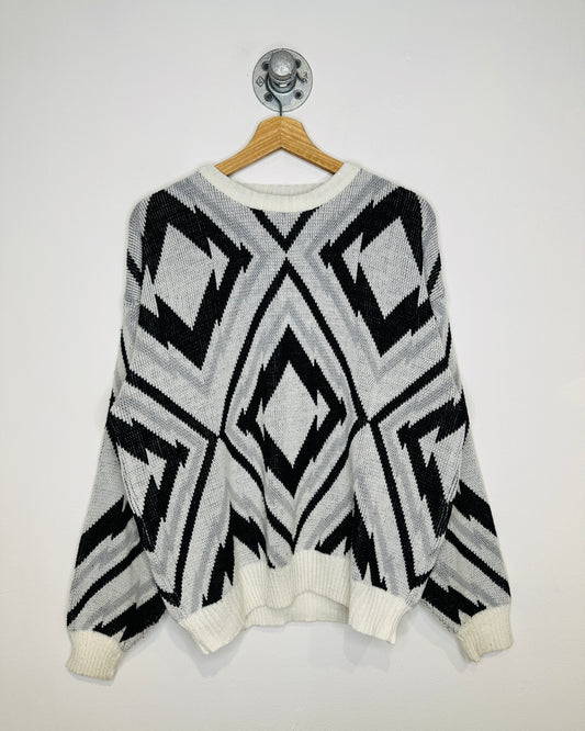 Vintage 1980s Capricorn Black And Grey Geometric Patterned Acrylic Sweater