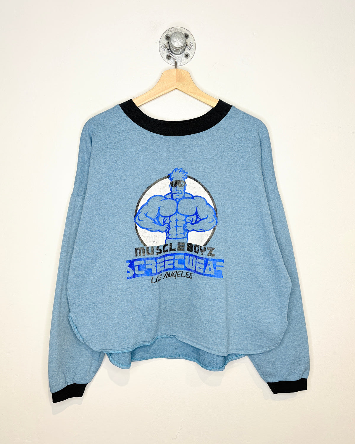 Vintage 1990s Muscle Boyz Streetwear Blue Ringer Crewneck Sweatshirt