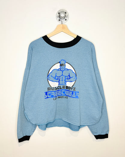 Vintage 1990s Muscle Boyz Streetwear Blue Ringer Crewneck Sweatshirt