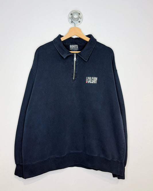 Vintage 90s Roots Calgary Faded Navy 1/4 Zip Sweatshirt