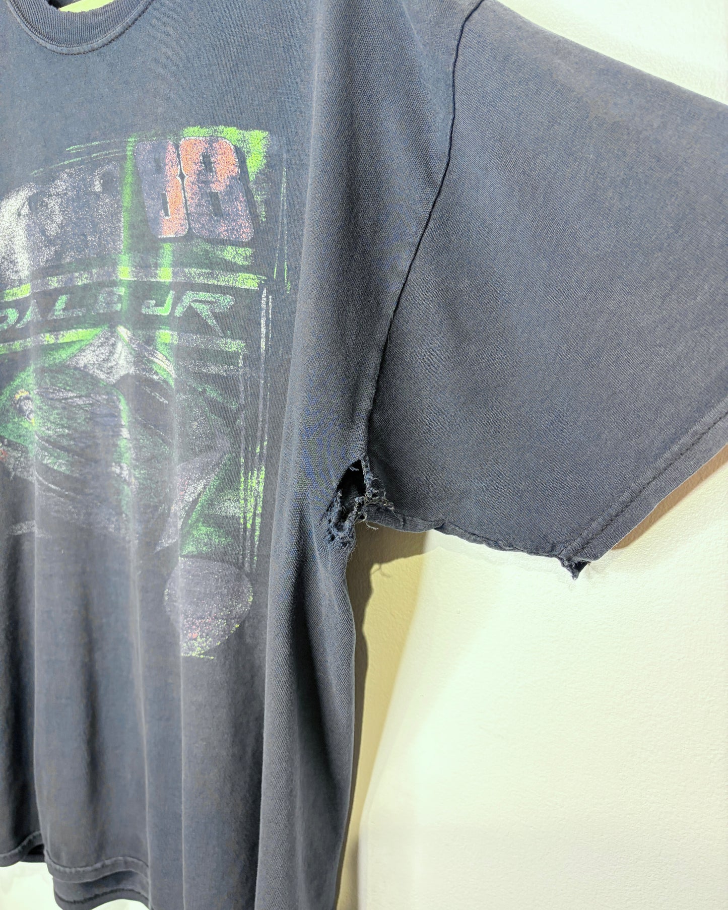 Vintage Early 2000s Dale Jr NASCAR Faded And Distressed Black Tee Shirt