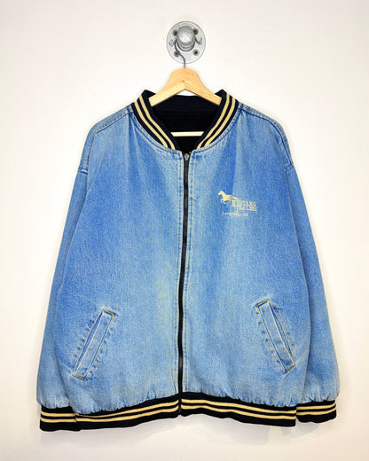 Vintage 90s Mustang Trailers Fleece Lined Denim Bomber Jacket