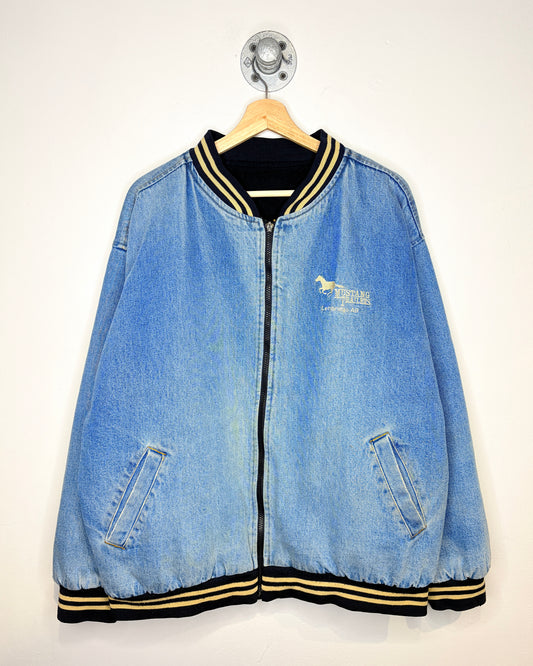 Vintage 90s Mustang Trailers Fleece Lined Denim Bomber Jacket