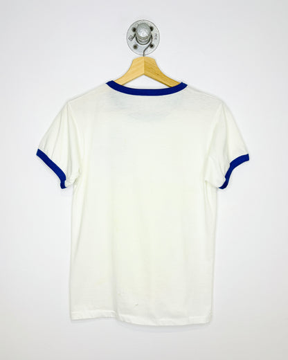 Vintage 1980s Alberta Fire School Vermilion Blue Ringer Tee Shirt