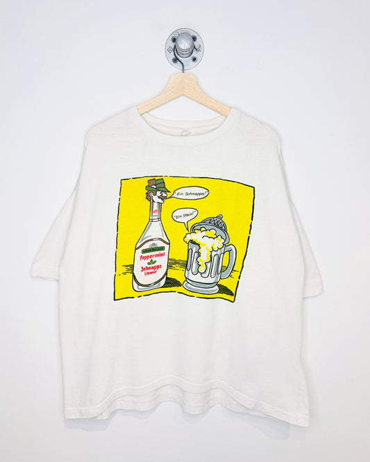 Vintage 1990s Boxy Peppermint Schnapps Graphic Print White Tee Shirt