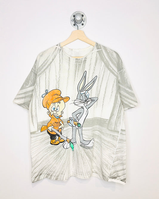 Vintage 1992 Looney Tunes Bugs Bunny Elmer Fudd White & Grey Tee Shirt