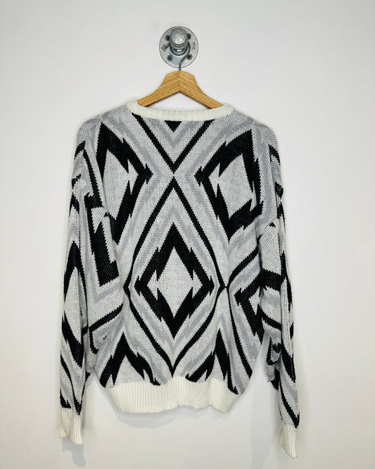 Vintage 1980s Capricorn Black And Grey Geometric Patterned Acrylic Sweater