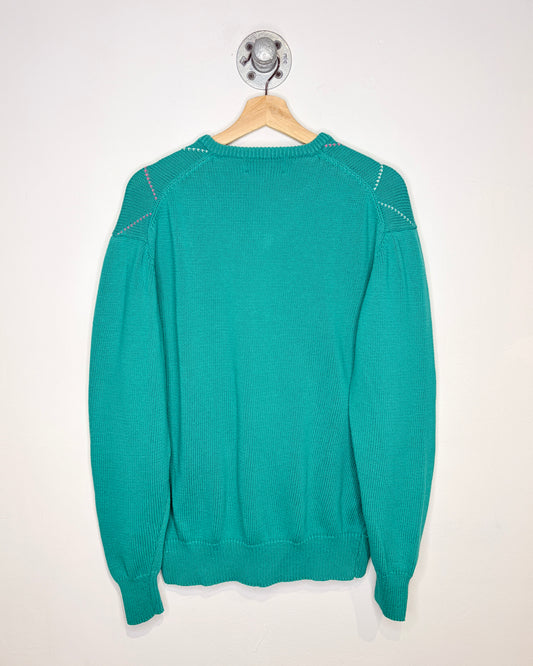 Vintage 90s La Mude Teal Argyle Print V-Neck Sweater