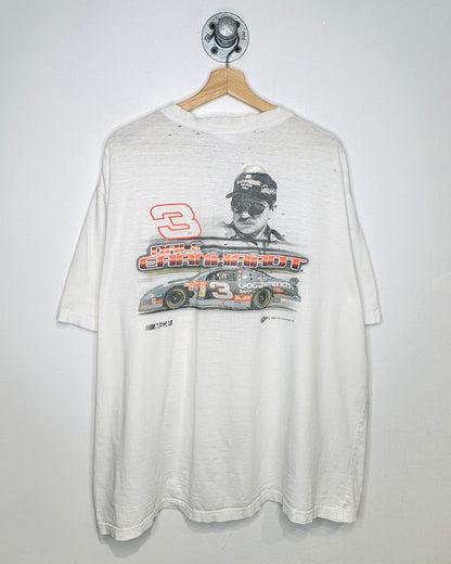 Vintage 90s Perfectly Thrashed Dale NASCAR White Tee Shirt