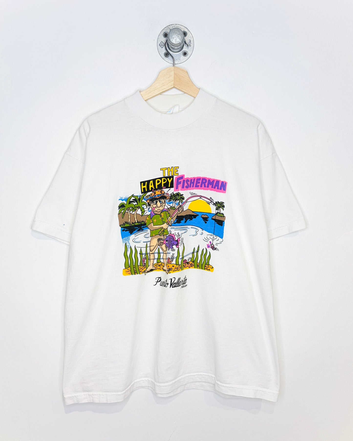 Vintage 90s “The Happy Fisherman” White Tee Shirt