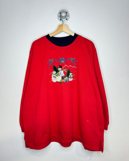 Vintage Snowman Scene Double Collar Red Crewneck Sweatshirt
