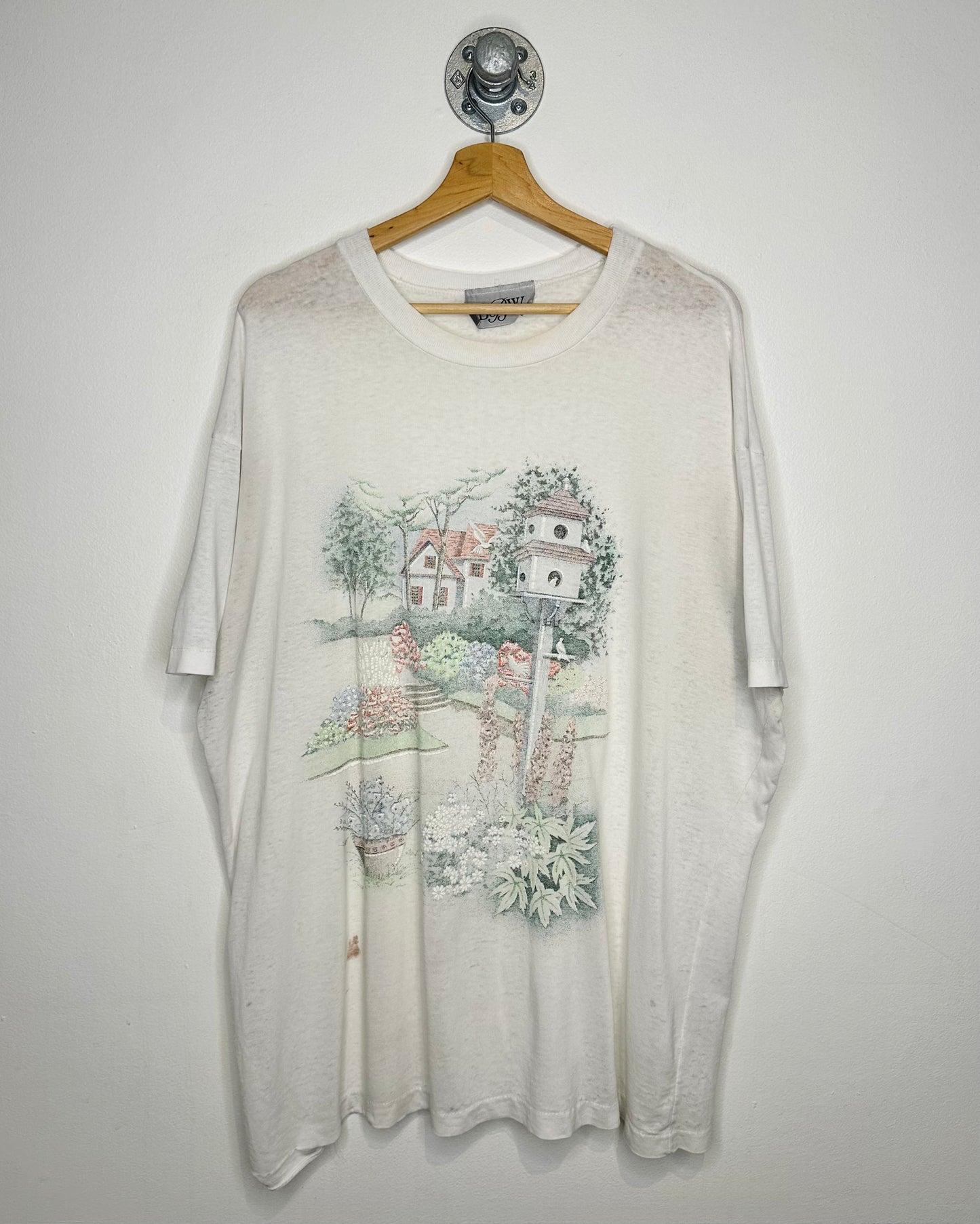 Vintage Birdhouse Scene Paper Thin White Tee Shirt