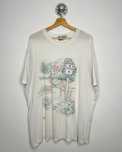 Vintage Birdhouse Scene Paper Thin White Tee Shirt