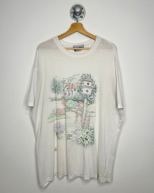 Vintage Birdhouse Scene Paper Thin White Tee Shirt