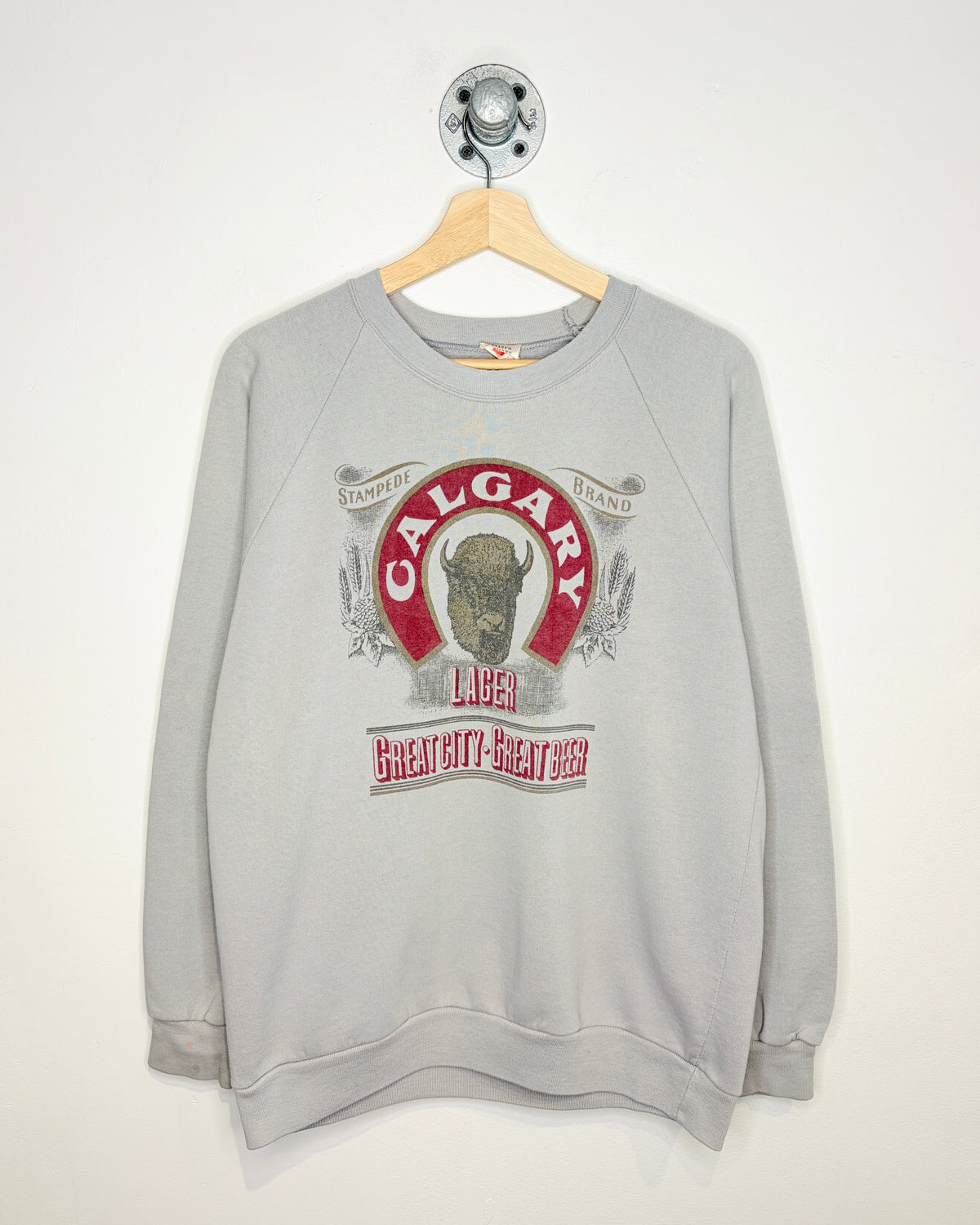 Vintage 80s Calgary Stampede Lager Concrete Grey Raglan Crewneck Sweatshirt