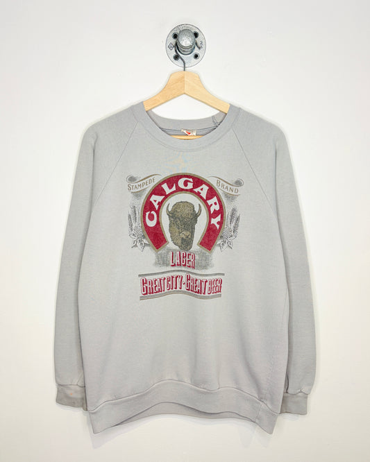 Vintage 80s Calgary Stampede Lager Concrete Grey Raglan Crewneck Sweatshirt