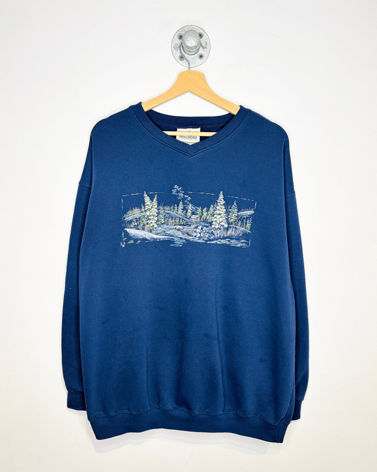 Vintage 90s Northern Reflections Winter Landscape Navy V-Neck Sweatshirt