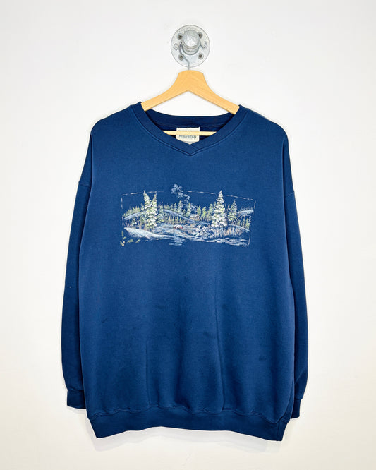 Vintage 90s Northern Reflections Winter Landscape Navy V-Neck Sweatshirt