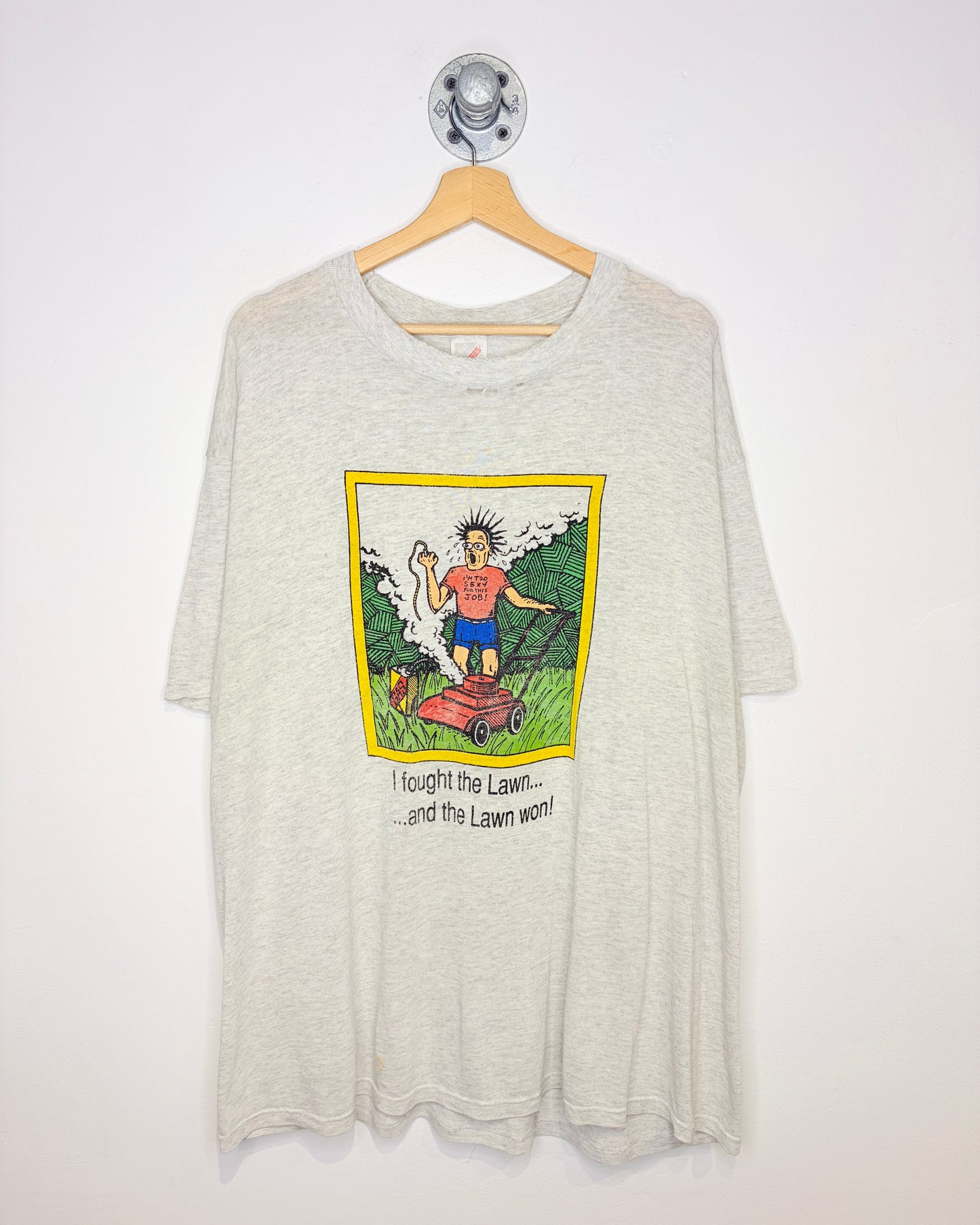 Vintage 90s Distressed “The Lawn Won” Paper Thin Grey Tee Shirt