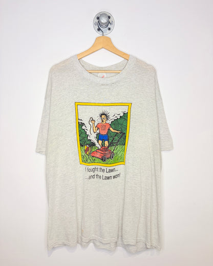 Vintage 90s Distressed “The Lawn Won” Paper Thin Grey Tee Shirt