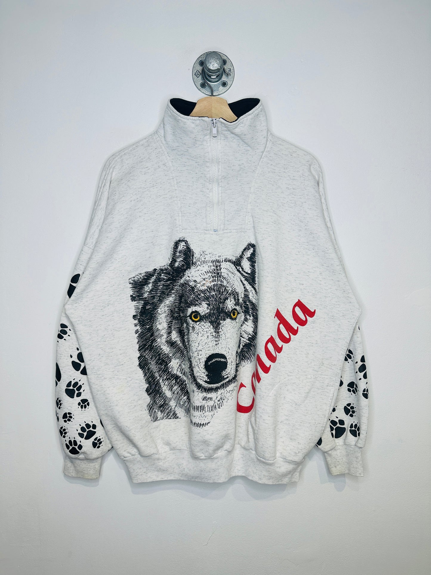 Vintage 1990s Canada Wolf Quarter Zip Grey Sweatshirt