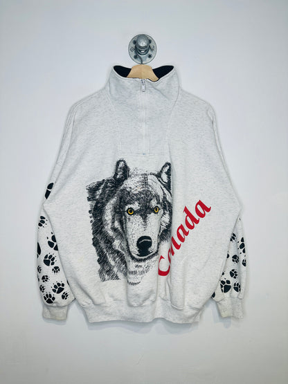 Vintage 1990s Canada Wolf Quarter Zip Grey Sweatshirt