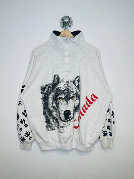 Vintage 1990s Canada Wolf Quarter Zip Grey Sweatshirt