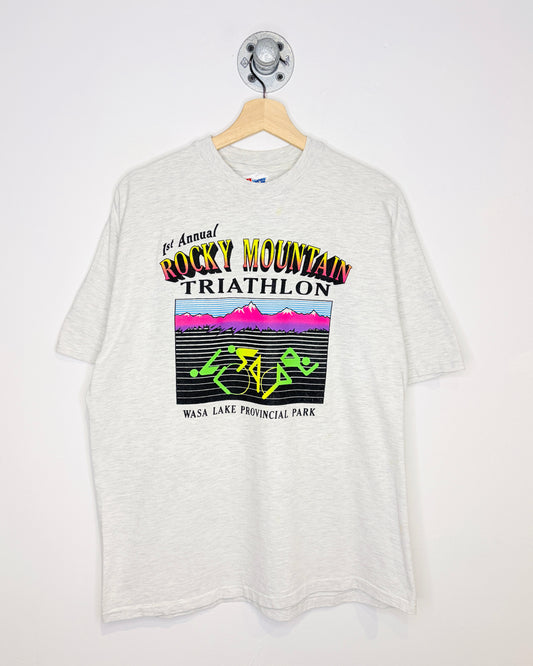 Vintage 1993 Wasa Lake Rocky Mountain Triathlon Ash Grey Tee Shirt
