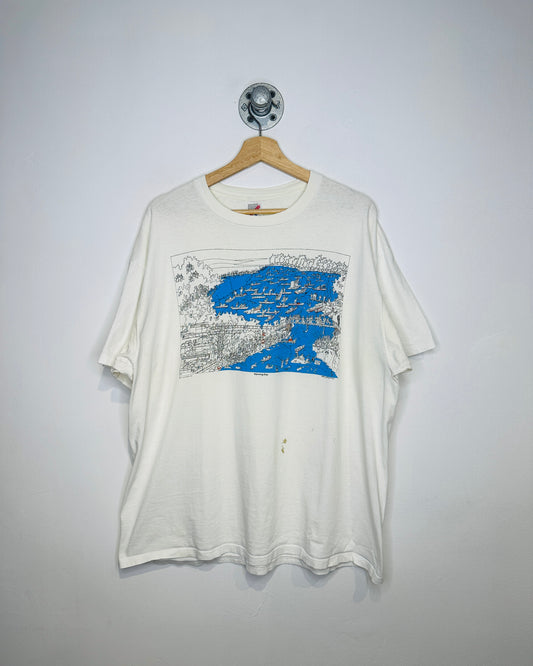 Vintage 1991 Opening Day Fishing Adventure Graphic White Tee Shirt