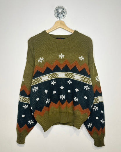 Vintage 1980s Olive And Orange Aztec Print 100% Acrylic Sweater