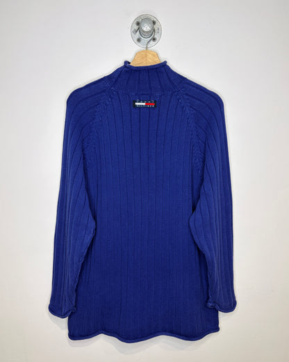2000s Tommy Hilfiger Blue Cable Knit Roll Neck Sweater