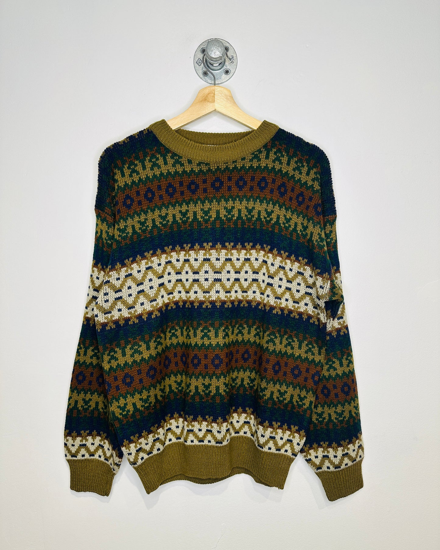 Vintage Early 1990s Olive And Navy Geometric Patterned Acrylic Sweater