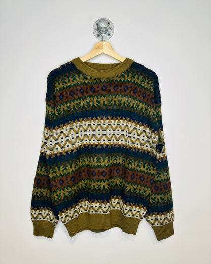 Vintage Early 1990s Olive And Navy Geometric Patterned Acrylic Sweater