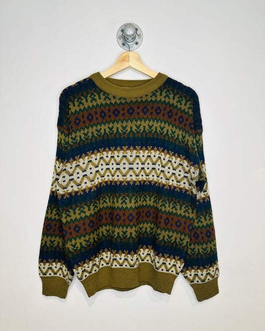 Vintage Early 1990s Olive And Navy Geometric Patterned Acrylic Sweater