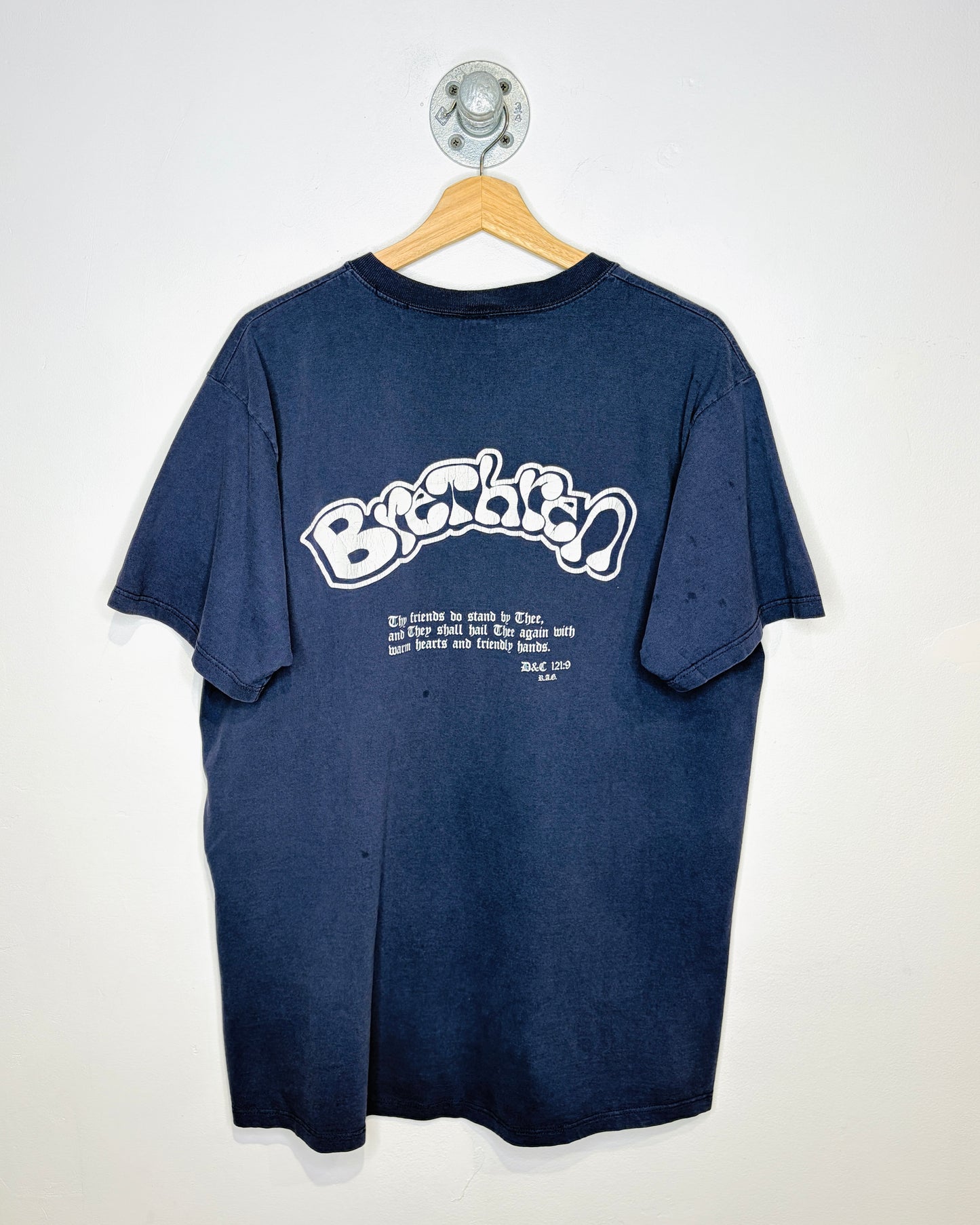 Vintage 1996 Brethren D&C 121:9 Faded Navy Blue Tee Shirt