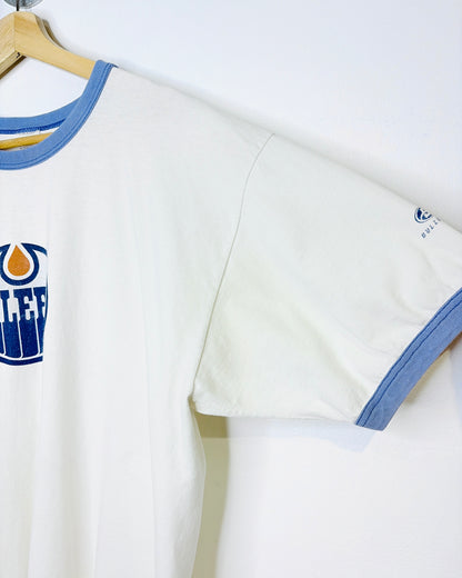 Vintage 90s Bulletin Edmonton Oilers White & Faded Blue Ringer Tee Shirt