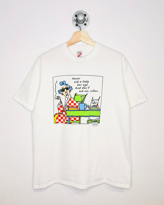 Vintage 90s Shoebox “Never Ask A Lady Her Age” White Tee Shirt