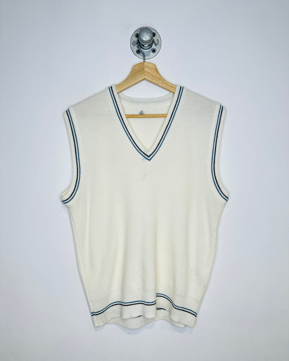 Vintage 1980s White And Blue Trimmed Acrylic Sweater Vest