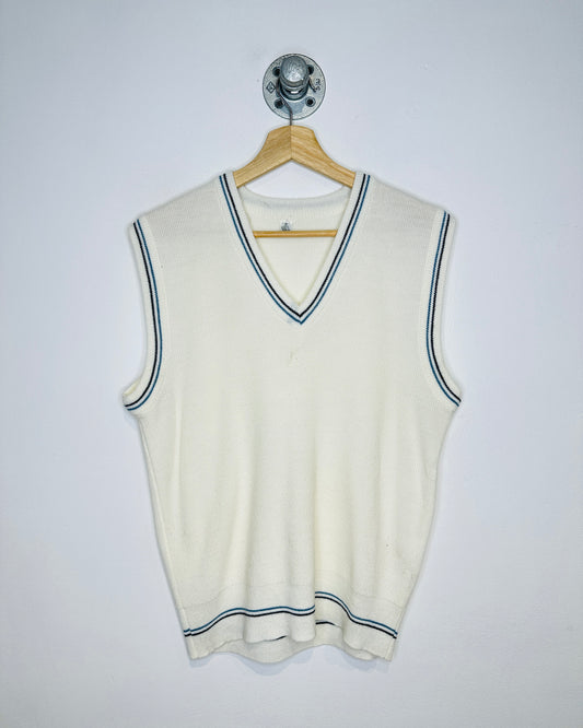 Vintage 1980s White And Blue Trimmed Acrylic Sweater Vest