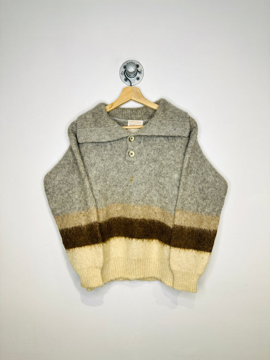 Vintage 1970s Icelandic Wool Grey And Brown Two Button Sweater